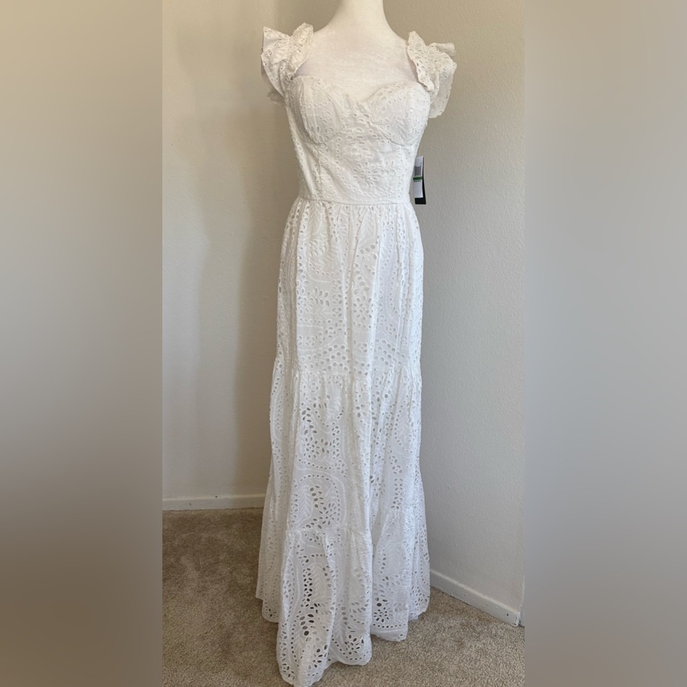 City Studio Juniors' Off-The-Shoulder Eyelet White Maxi Cotton Dress - Picture 4 of 10